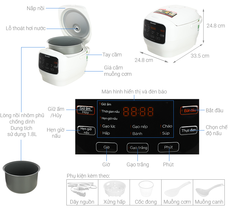 Nồi cơm điện tử Sharp 1.8 lít KS-COM183MV-WH - Hàng chính hãng
