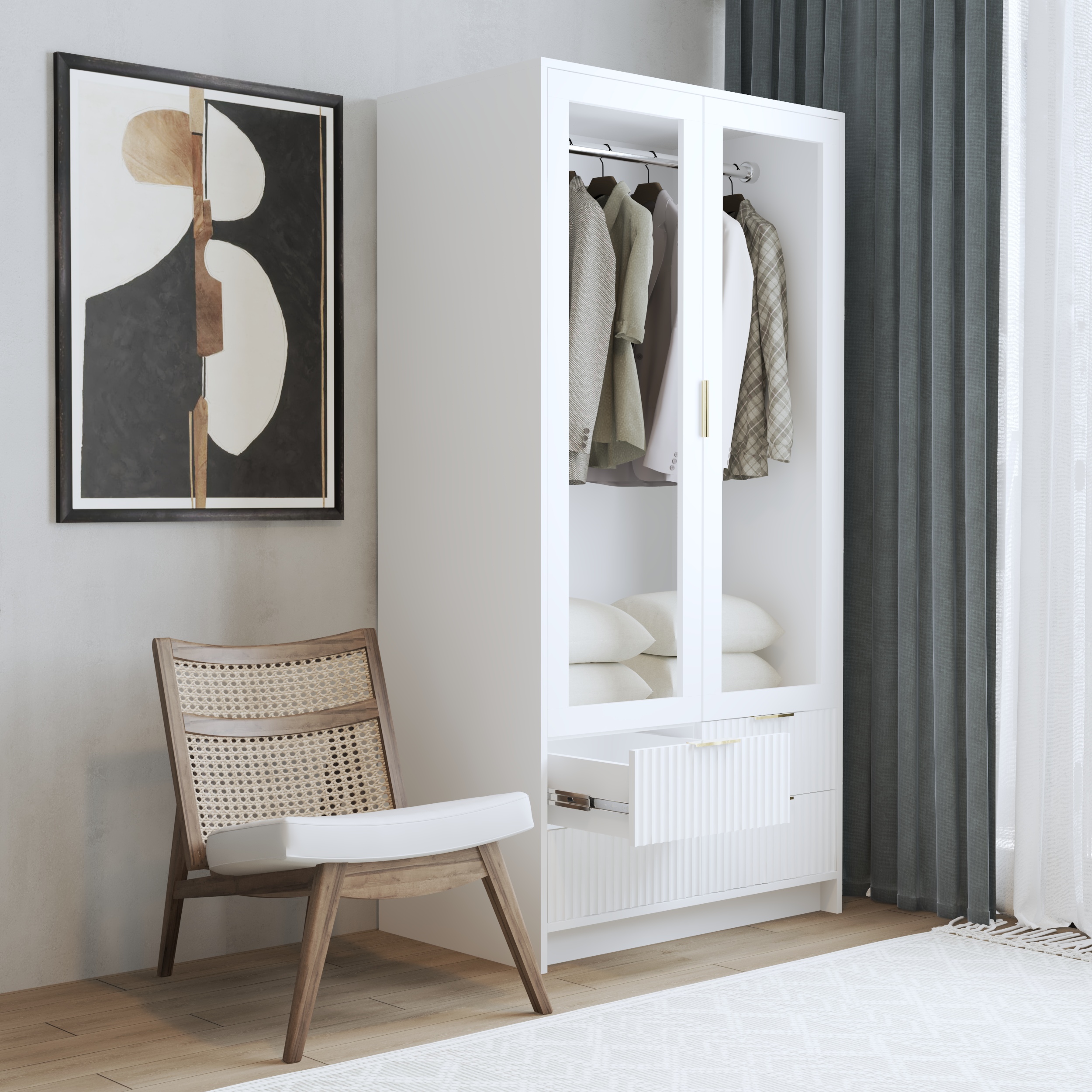 HAPPY FURNITURE , Tủ quần áo 2 cửa kính 4 ngăn kéo - NAMI, TCM_219 , 90cm x 54cm x 180cm DxRxC