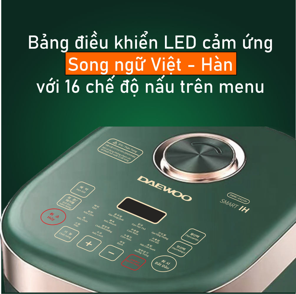 Nồi cơm điện cao tần Daewoo DWRC-G411IH 1.8L lòng nồi cực dày - Hàng chính hãng