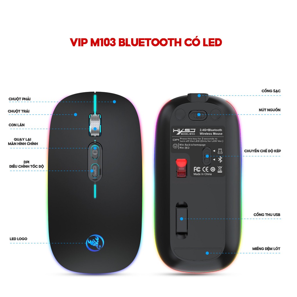 Chuột không dây Bluetooth HXSJ M103 wireless tự sạc pin siêu mỏng không gây tiếng ồn cho laptop MCBook PC Tablet PAD-Hàng Chính Hãng