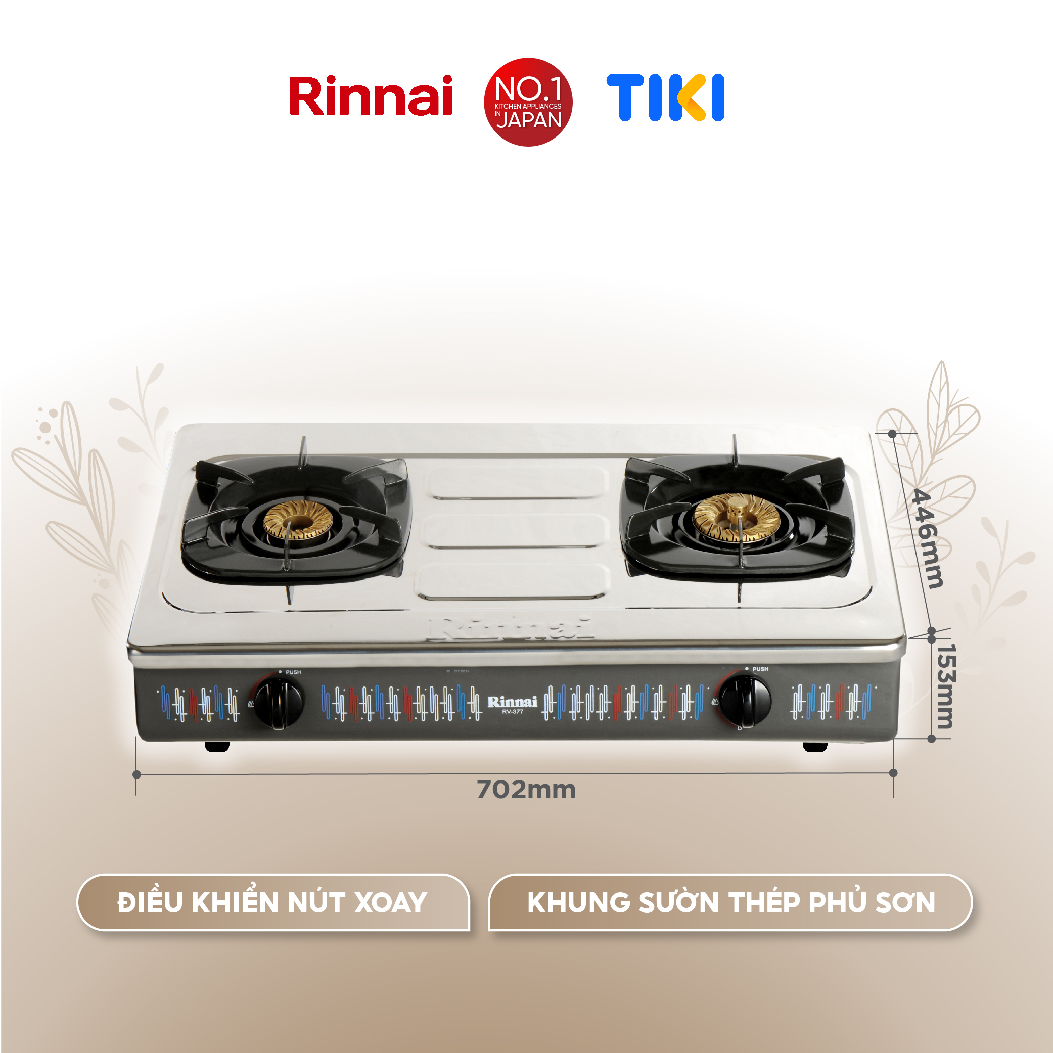 Bếp gas dương Rinnai RV-377(S)N mặt bếp inox và kiềng bếp men - Hàng chính hãng.