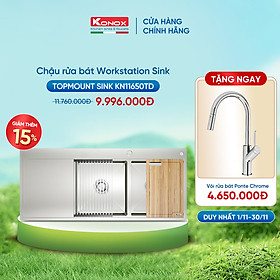 Chậu rửa bát inox Konox, Topmount Series, Model KN11650TD - Bàn Trái, Inox 304AISI tiêu chuẩn Châu Âu, Hạ Bậc tích hợp, 1160x550x220mm, Bảo hành chính hãng 10 năm