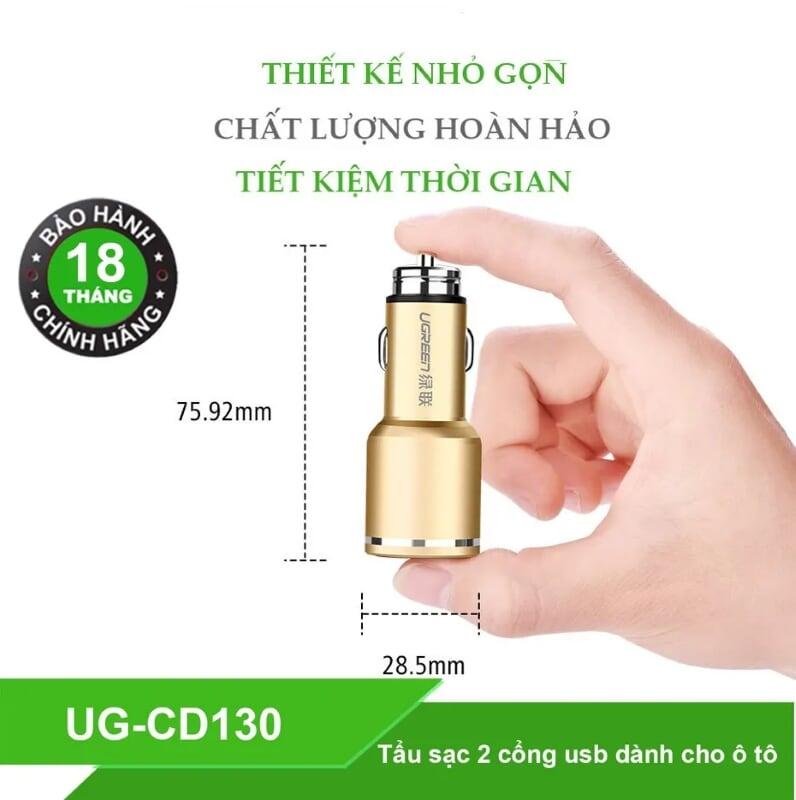 Ugreen UG30514CD130TK 48W màu Vàng Bộ sạc ô tô 2 cổng USB 2.4A + QC 3.0 - HÀNG CHÍNH HÃNG