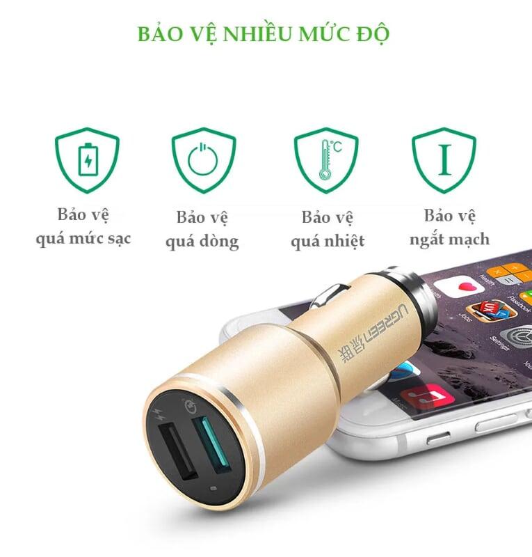 Ugreen UG30514CD130TK 48W màu Vàng Bộ sạc ô tô 2 cổng USB 2.4A + QC 3.0 - HÀNG CHÍNH HÃNG