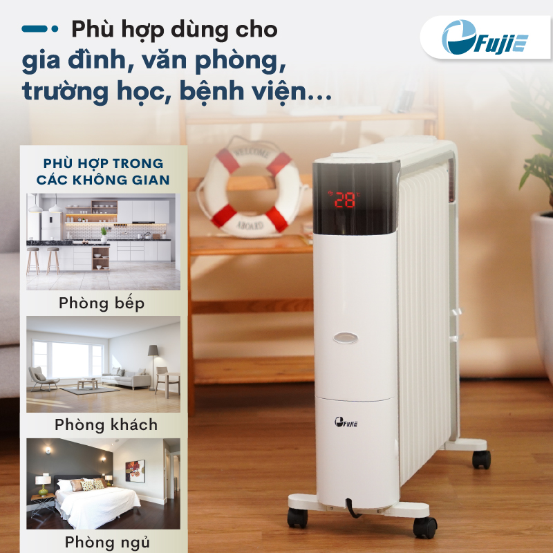 Máy sưởi dầu điều khiển từ xa nhập khẩu FujiE OFR7813,13 thanh sưởi sử dụng phòng 30m2, bảng điều khiển điện tử tăng giảm nhiệt độ- Hàng CHính Hãng
