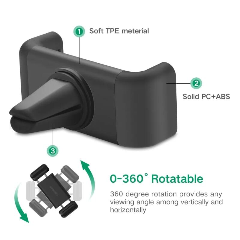 Ugreen UG30798LP120TK Màu Đen Giá Kẹp điện thoại trên khe thông gió ô tô xoay 360 độ - HÀNG CHÍNH HÃNG