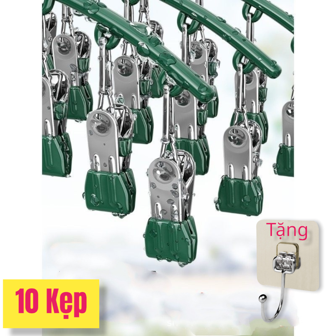 Combo Móc phơi quần áo inox có khóa móc treo chắc chắn - 10 kẹp được phủ nhựa chống sầy xước khi phơi đồ ( tặng móc dán inox to ) Hàng Cao Cấp