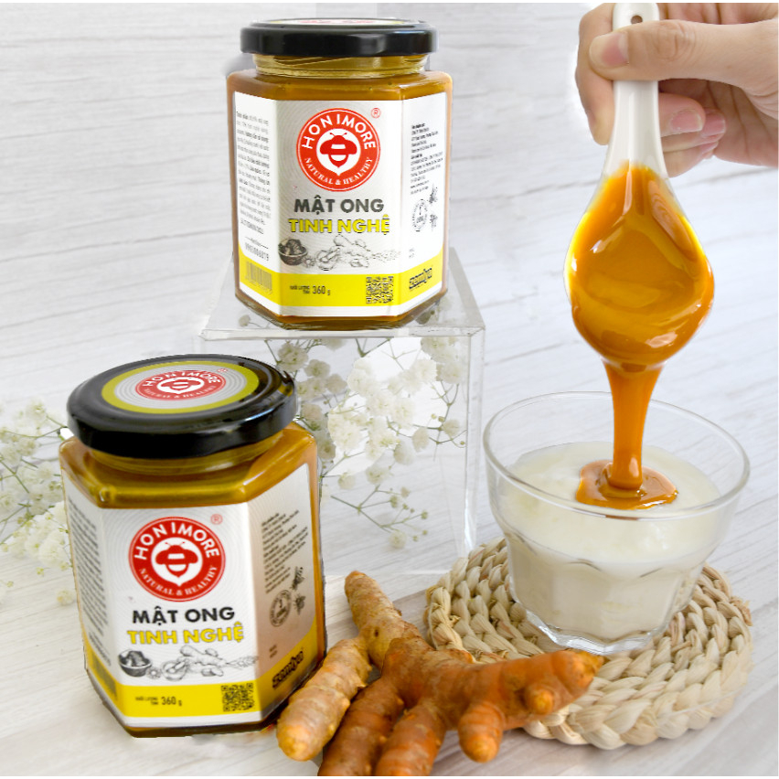 Combo Mật ong tinh bột nghệ Honimore 360g và Mật ong Hoa Vải Thiều 360g - tốt cho dạ dày, đẹp da