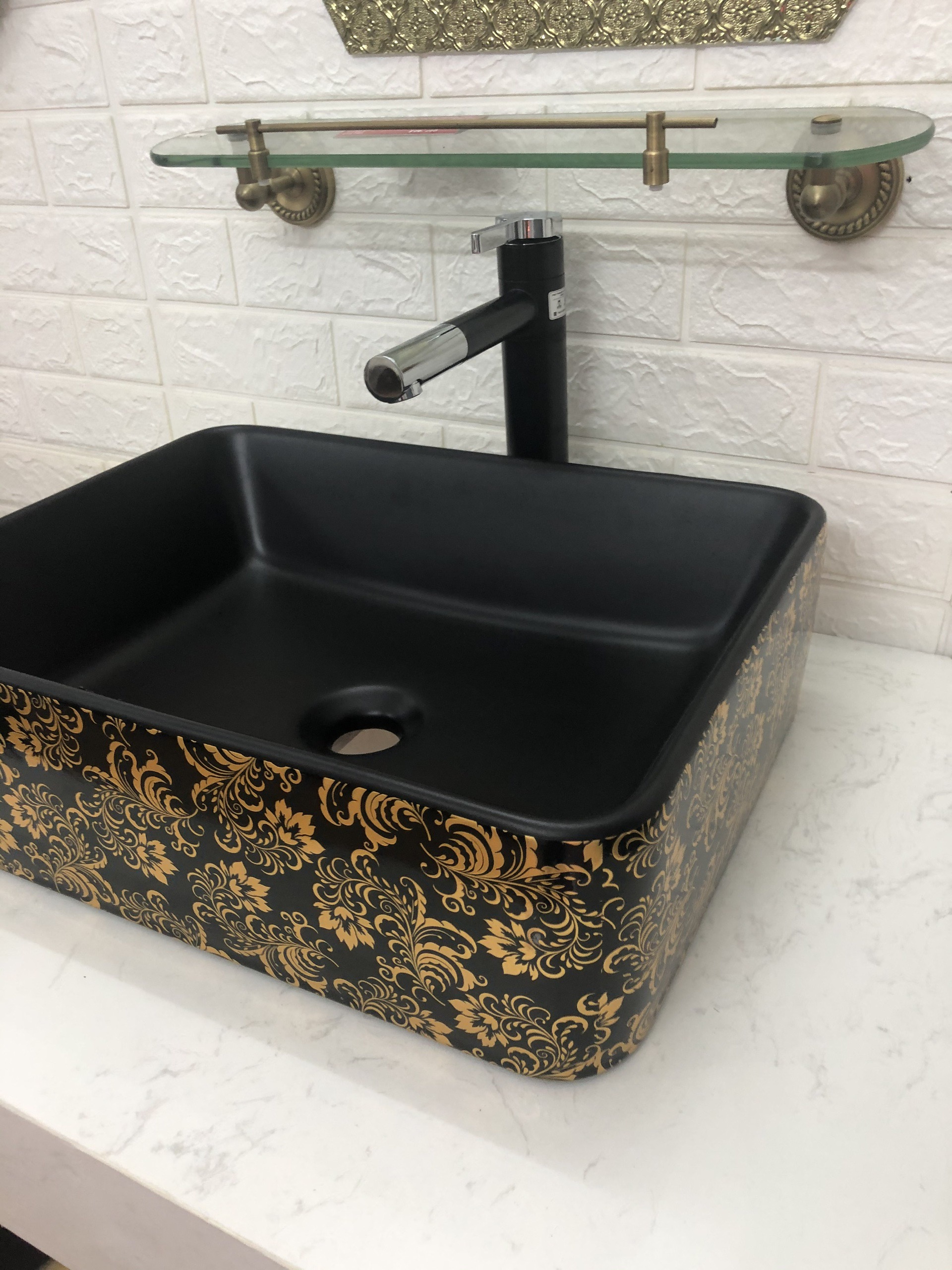 CHẬU LAVABO MEN ĐEN HOA VĂN VÀNG NHẬP KHẨU CAO CẤP CHÍNH HÃNG GRVL 8146B (CHẬU)