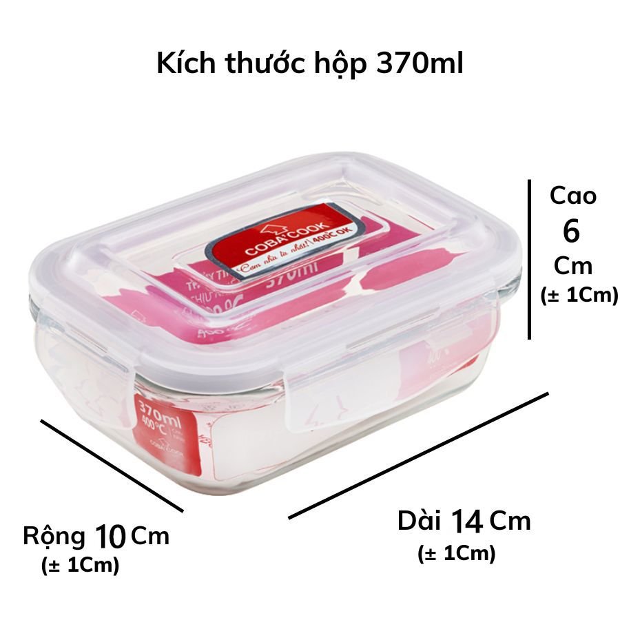 Bộ 3 hộp chữ nhật 370ml đựng cơm kèm túi hộp thủy tinh giữ nhiệt COBA