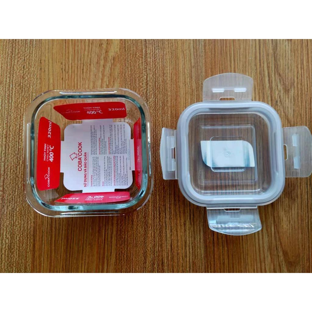 Bộ 4 hộp thủy tinh 2 hộp chữ nhật 370ml + 2 hộp tròn 400ml đựng thực phẩm COBA