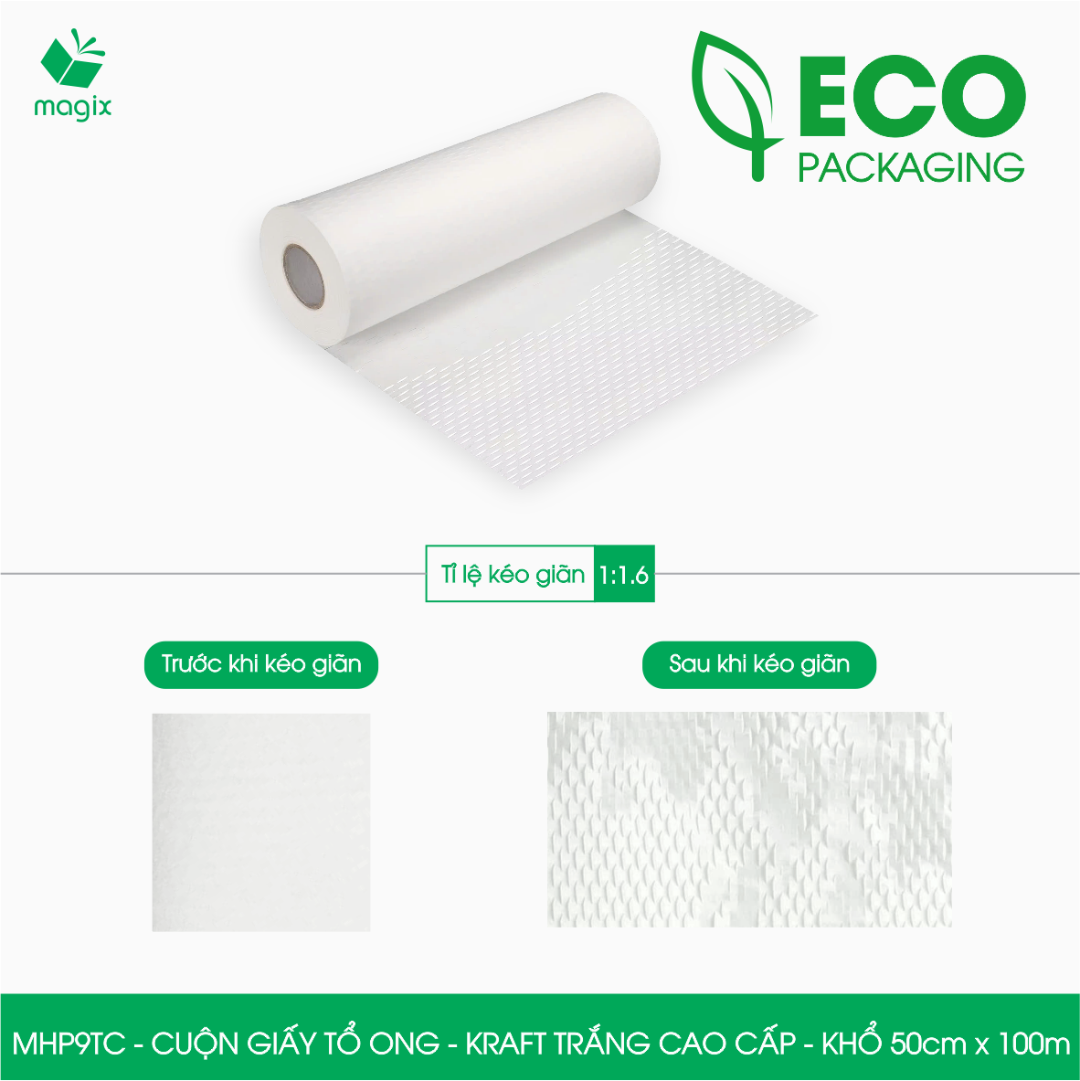 MHP9TC - 50cm x 100m - Cuộn giấy tổ ong chống sốc - Kraft trắng Cao Cấp - Giấy gói hàng, gói quà