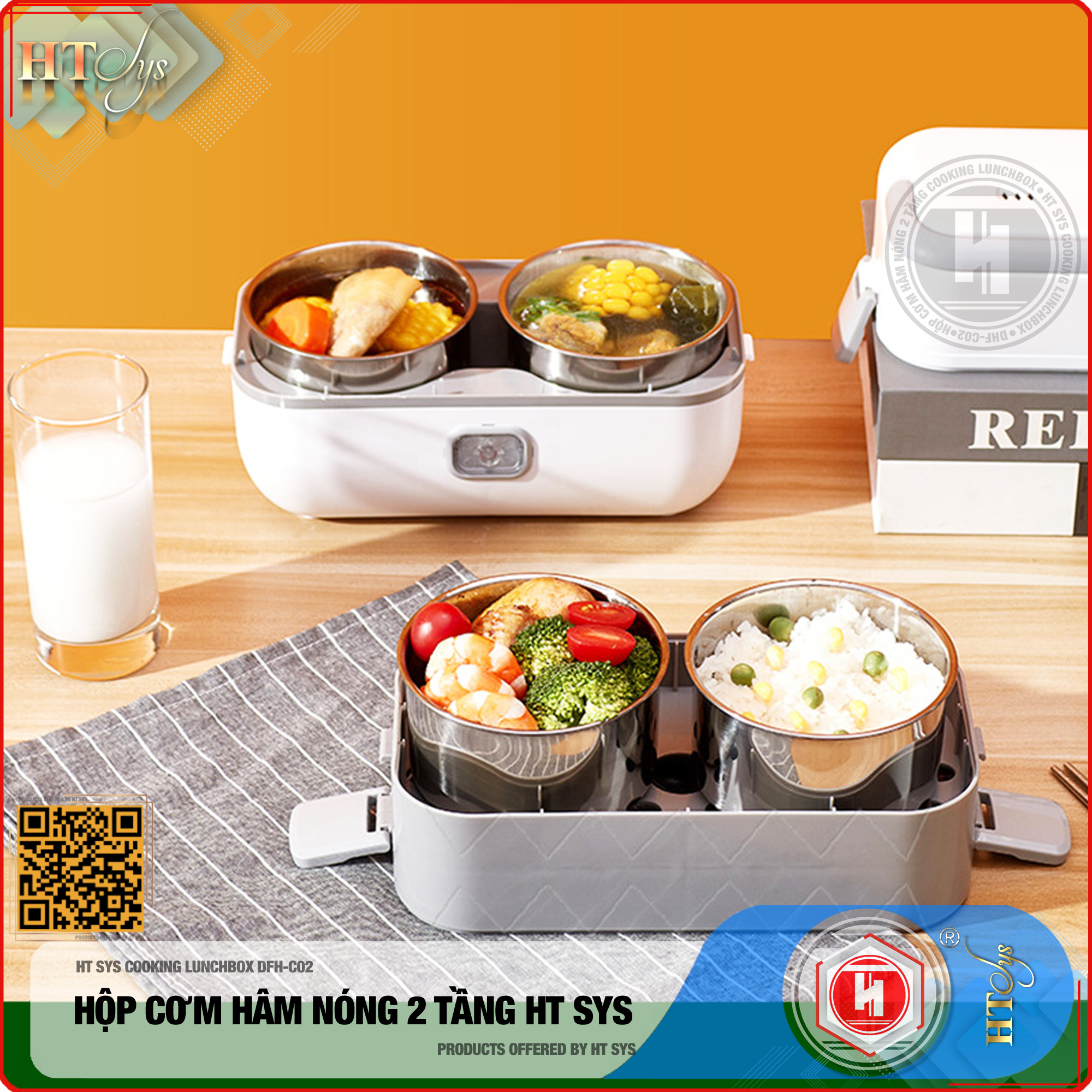 Hộp Cơm Hâm Nóng Cắm Điện HT SYS - COOKING LUNCHBOX DFH C02 - Hộp Cơm Cắm Điện Có Thể Nấu Chín Và Hâm Nóng Thức Ăn - 2 lít,4 Ngăn - Ruột Bằng Inox SUS304 Cao Cấp - Hàng Nhập Khẩu