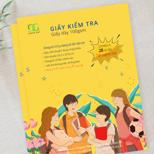 Giấy kiểm tra 4 ô ly giấy trắng dày100gsm bảng kẻ sẵn đẹp tiện lợi, giấy xịn viết êm không lem không hằn, Combo 4: 28 tờ GKTL1-09 Green Art dòng - Hàng chính hãng