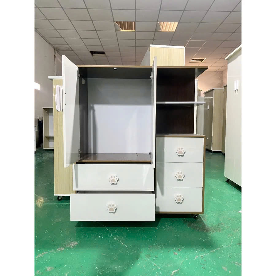 Tủ nhựa đài loan cho bé tay nắm gấu Cao 125 x ngang 95 x sâu 40cm - Khung màu sồi, cánh màu trắng