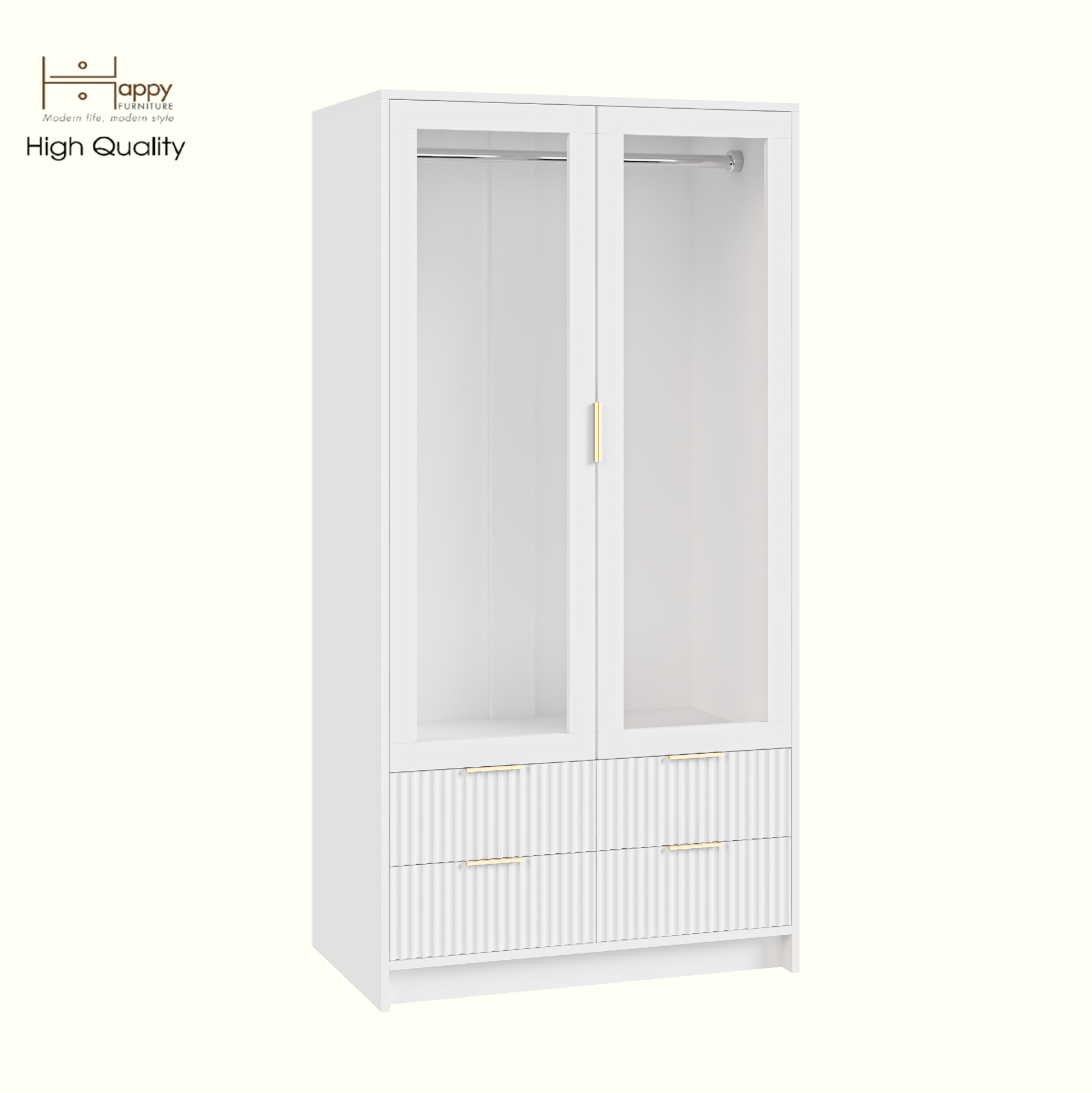 HAPPY FURNITURE , Tủ quần áo 2 cửa kính 4 ngăn kéo - NAMI, TCM_219 , 90cm x 54cm x 180cm DxRxC