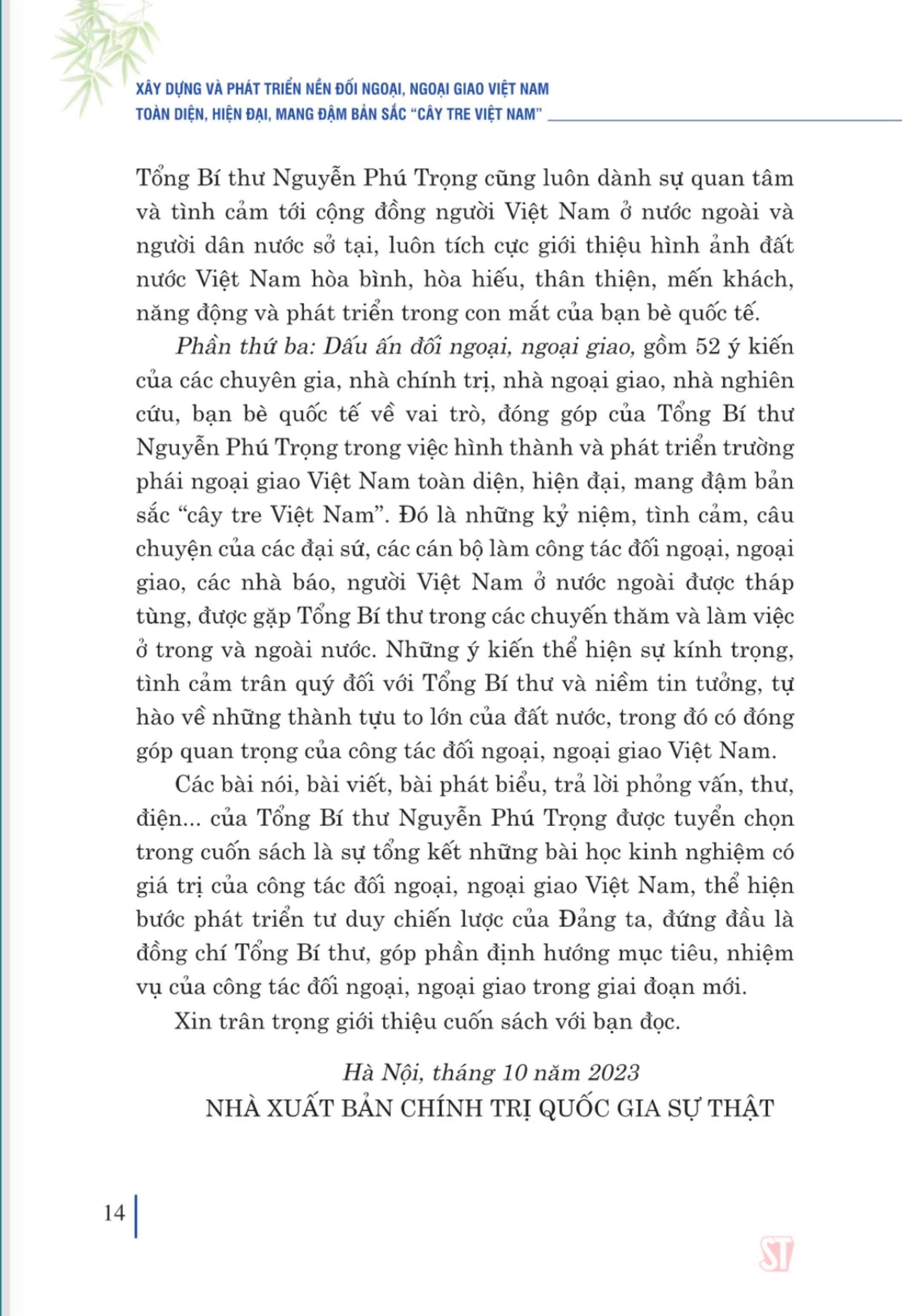 Xây dựng và phát triển nền đối ngoại, ngoại giao Việt Nam toàn diện, hiện đại, mang đậm bản sắc " cây tre Việt Nam" bản in 2024