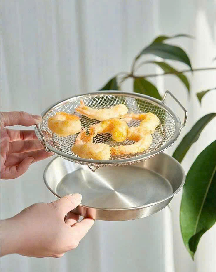 Khay Tròn Inox 304 Kèm Ray Lưới Lọc Ráo Dầu Chiên Thức Ăn Đa Năng Tiện Dụng 19cm - HÀNG CHÍNH HÃNG MINIIN
