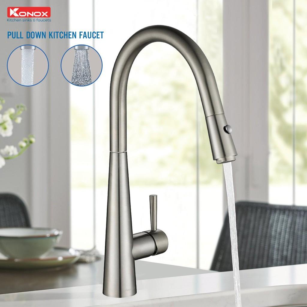 Vòi rửa bát dây rút KONOX KN1901N hợp kim đồng 61% tiêu chuẩn Châu Âu CW617N, bề mặt xử lý công nghệ PVD Chrome 5 lớp