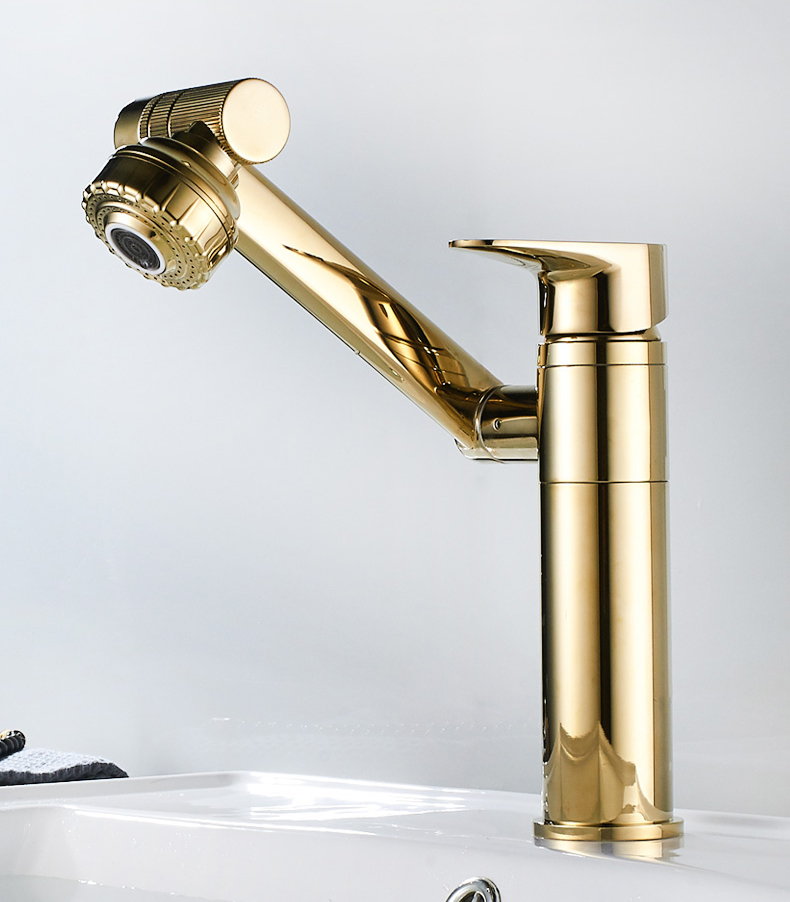 Vòi rửa mặt Lavabo cổ xoay 720 độ đa chiều, củ đồng, thân ngắn mạ vàng, điều chỉnh nhiều chế độ tia nước Minh House
