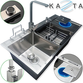 Combo Chậu Kèm Vòi Rửa Chén Bát Inox Kazta CB10048H - Chậu có hố rác đủ xi phông, vòi thân vuông, khay cài dao thớt, vòi hút xà phòng, rổ rút gác chậu