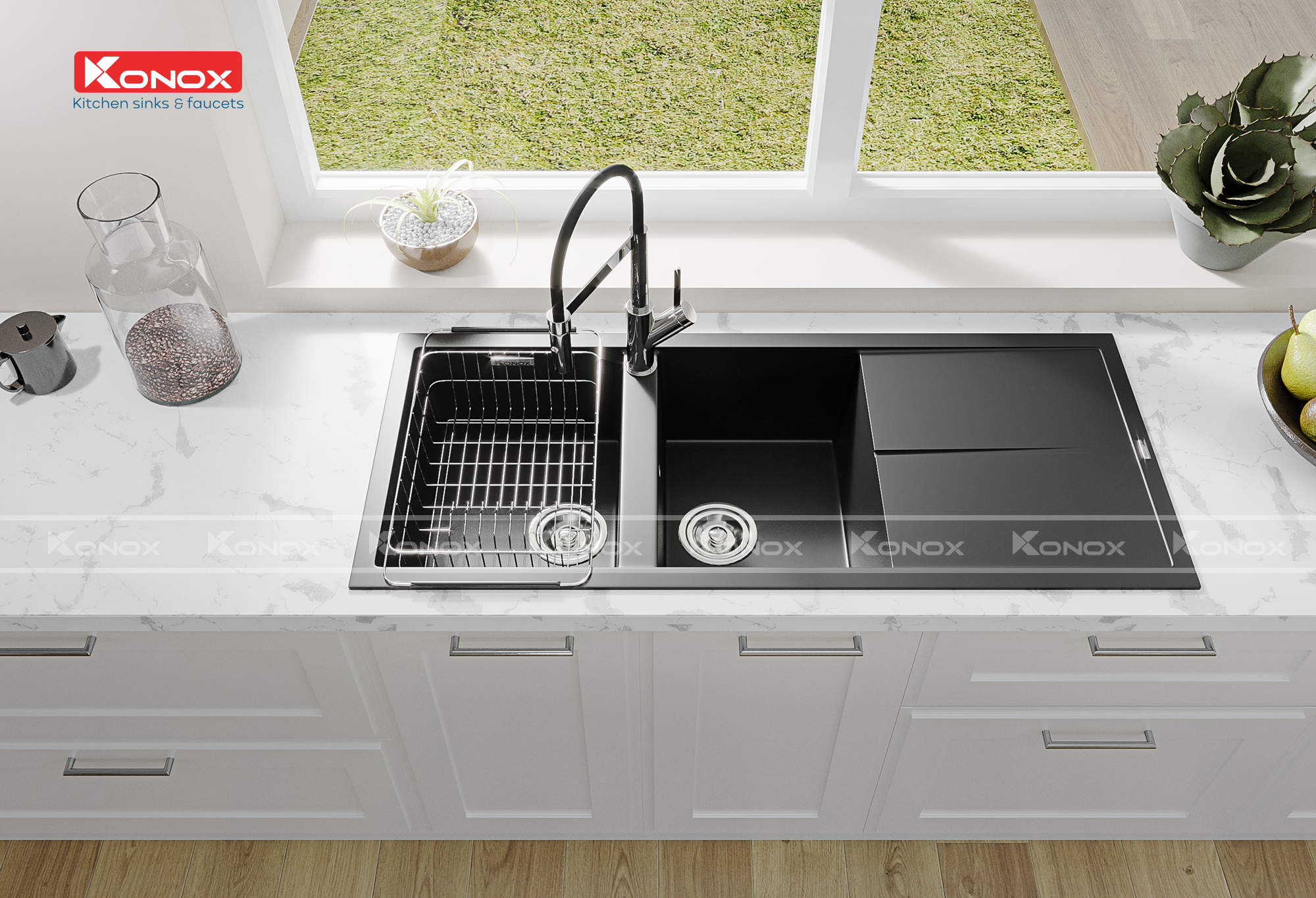 Vòi rửa bát thân mềm Konox, Model Bian, Bề mặt mạ PVD Chrome 5 lớp, Lõi đồng tiêu chuẩn CW617N, Linh kiện phụ trợ dòng chảy nhập khẩu châu Âu, Bảo hành chính hãng 5 năm, Hàng chính hãng