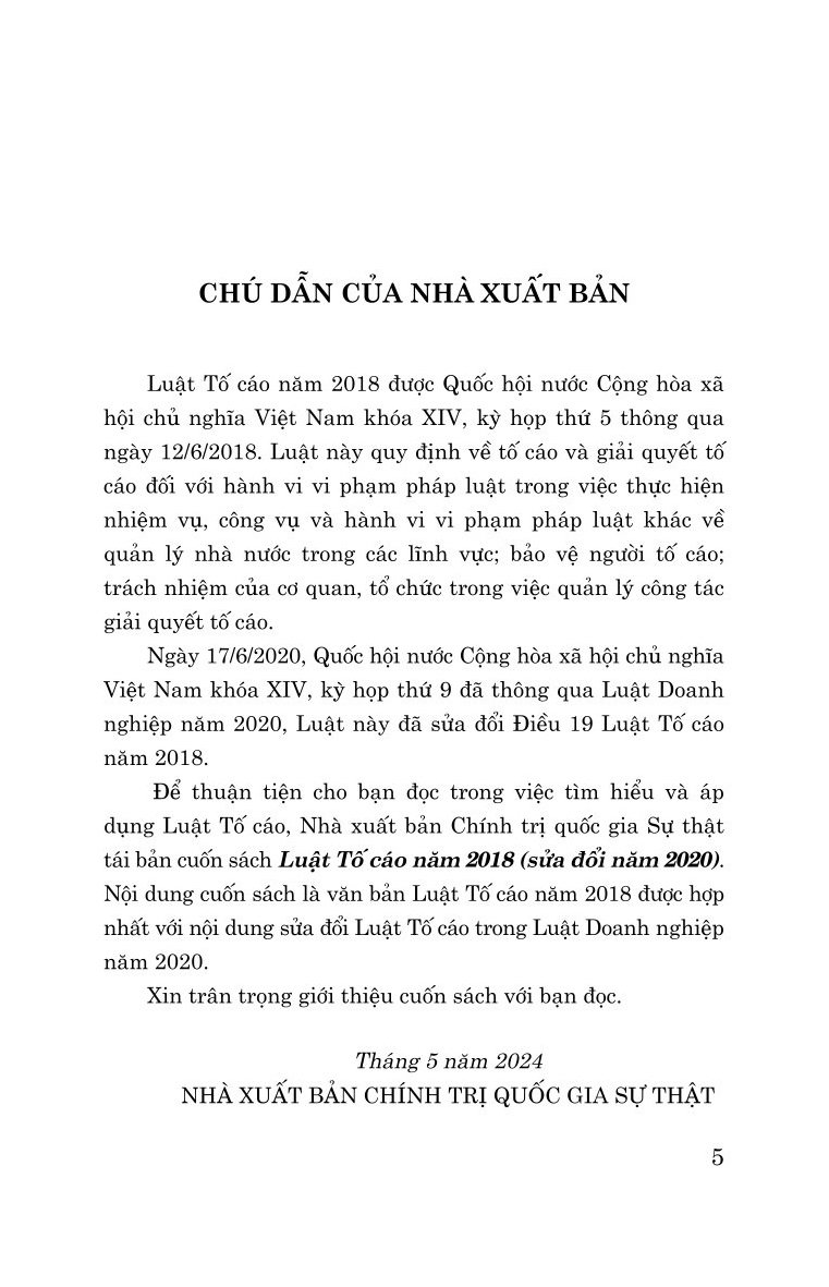 Luật tố cáo năm 2018 sửa đổi, bổ sung năm 2020 (bản in 2024)