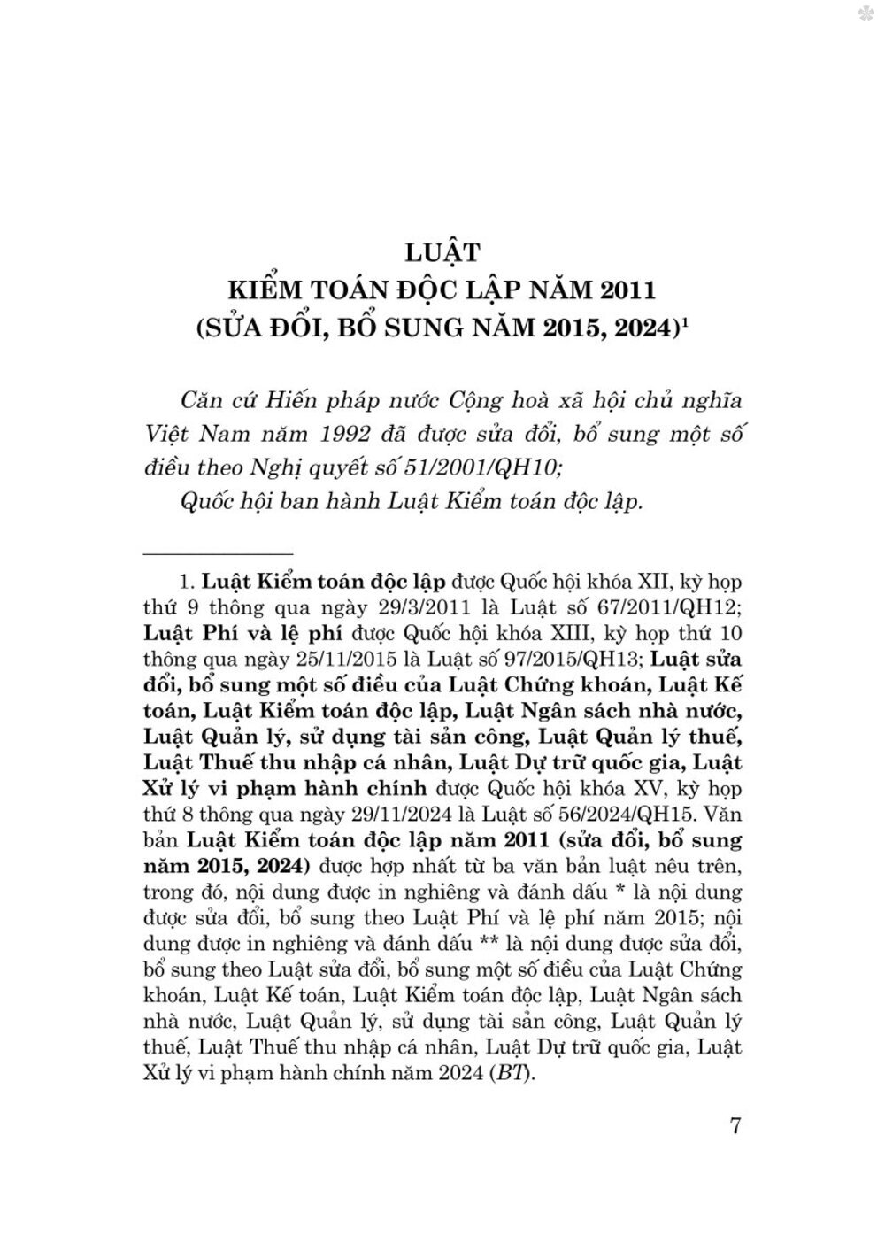 Luật kiểm toán độc lập năm 2011 (Sửa đổi, bổ sung năm 2015,2024) bản in 2025