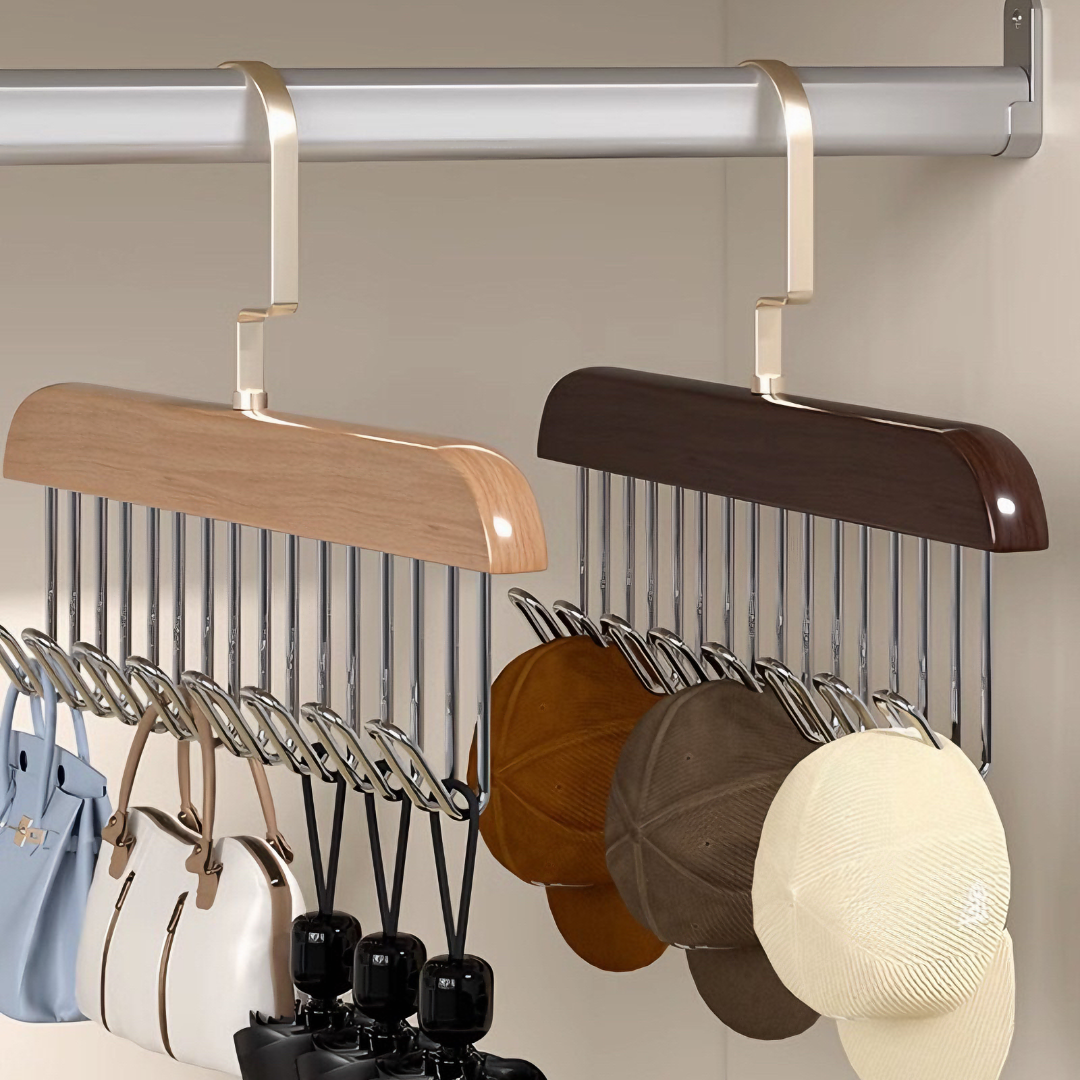 Móc gỗ KGMT08 treo cà vạt thắt lưng cán gỗ 8 nhánh treo đồ đa năng, móc treo áo lót, túi dễ tiện dụng- Hàng chính hãng