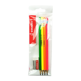 Bộ bút chì gỗ STABILO Schwan 317 (PC317-2B) - Bộ 4 bút (vàng/hồng/lá/cam) + Gôm tẩy ER198 (PC317-C4A)