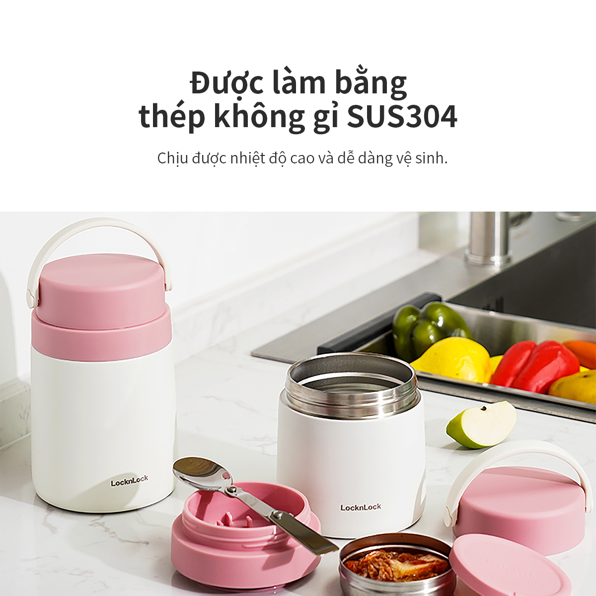 Hộp cơm giữ nhiệt Lock&Lock màu xanh navy LHC8042NVY 700ml - Hàng chính hãng, 2 ngăn kèm muỗng inox, có thể ủ cháo cho bé - JoyMall