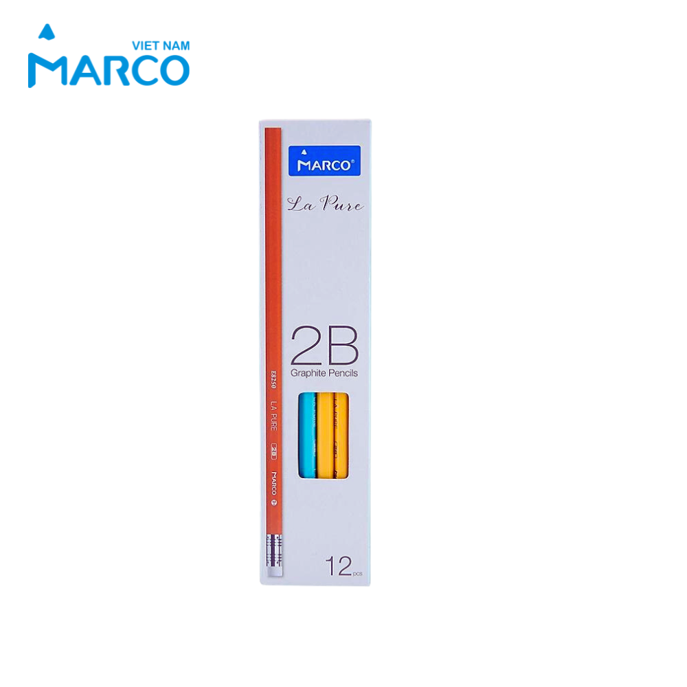 Hộp 12 Bút Chì 2B Marco La Pure Có Tẩy - Bút chì phù hợp thi trắc nghiệm, ngòi chì mềm dễ chuốt, tập viết