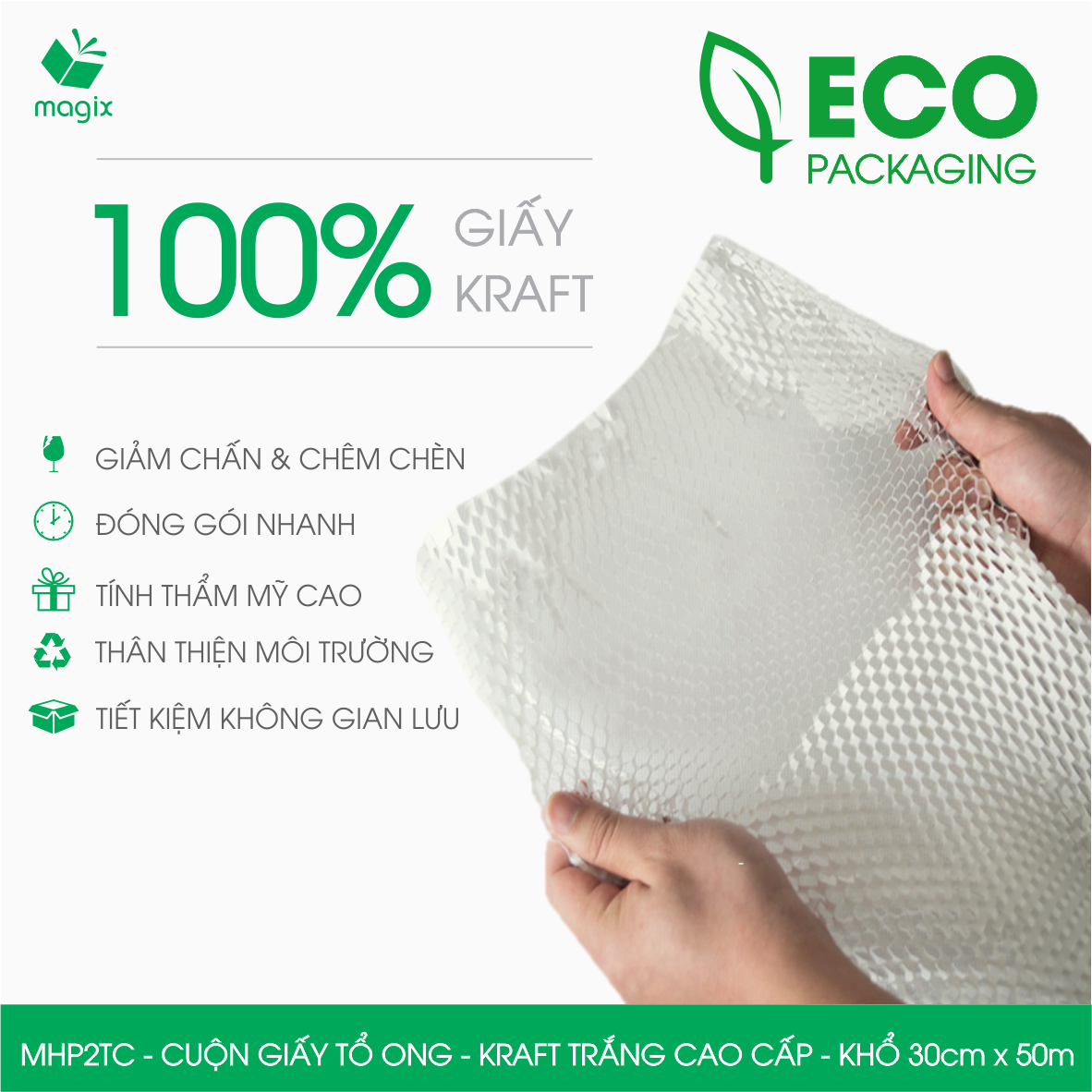 MHP2TC - 30cm x 50m - Cuộn giấy tổ ong chống sốc - Kraft trắng Cao Cấp - Giấy gói hàng, gói quà