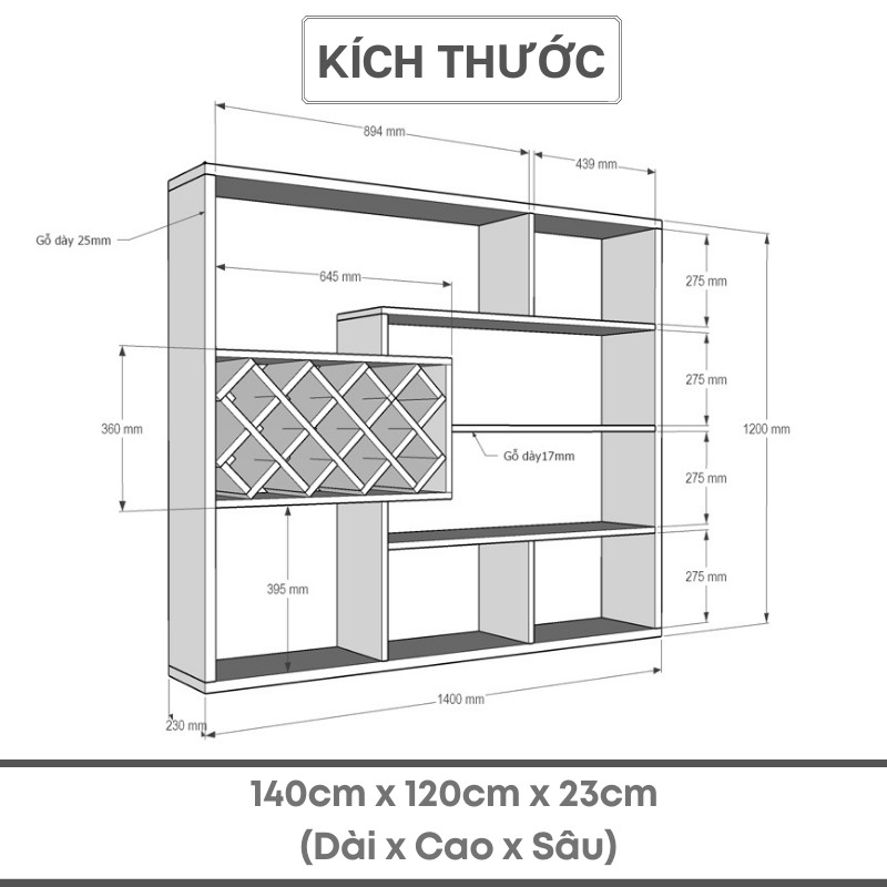 Kệ Gỗ Để Chai Vang Treo Tường Chữ Nhật Chịu Lực Tốt Với Hơn 100 Chai SIB Decor KR05
