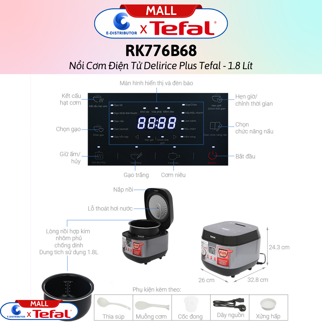 Nồi cơm điện tử Tefal 1.8 lít Delirice Plus RK776968- Hàng Chính Hãng - Dung tích: 1.8 lít, Số người ăn 4 - 6 người Công suất: 750W