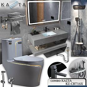 COMBO Thiết Bị Nhà Tắm Cao Cấp KAZTA KZ-CBT16X: Bồn cầu xám viền vàng, Sen tắm đứng phím đàn, Gương đèn, Lavabo âm bàn đá 2 tầng và phụ kiện khác