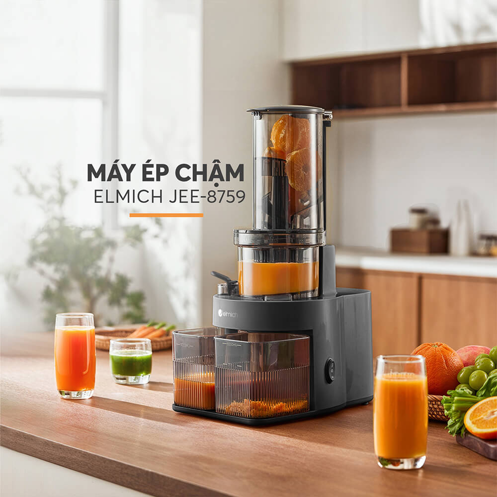 Máy ép chậm Elmich JEE-8759, công suất 240W mạnh mẽ ép kiệt bã, giữ lại chất dinh dưỡng và hương vị trong trái cây,độ ồn dưới 58dB, ép kiệt tới 98% - Hàng chính hãng