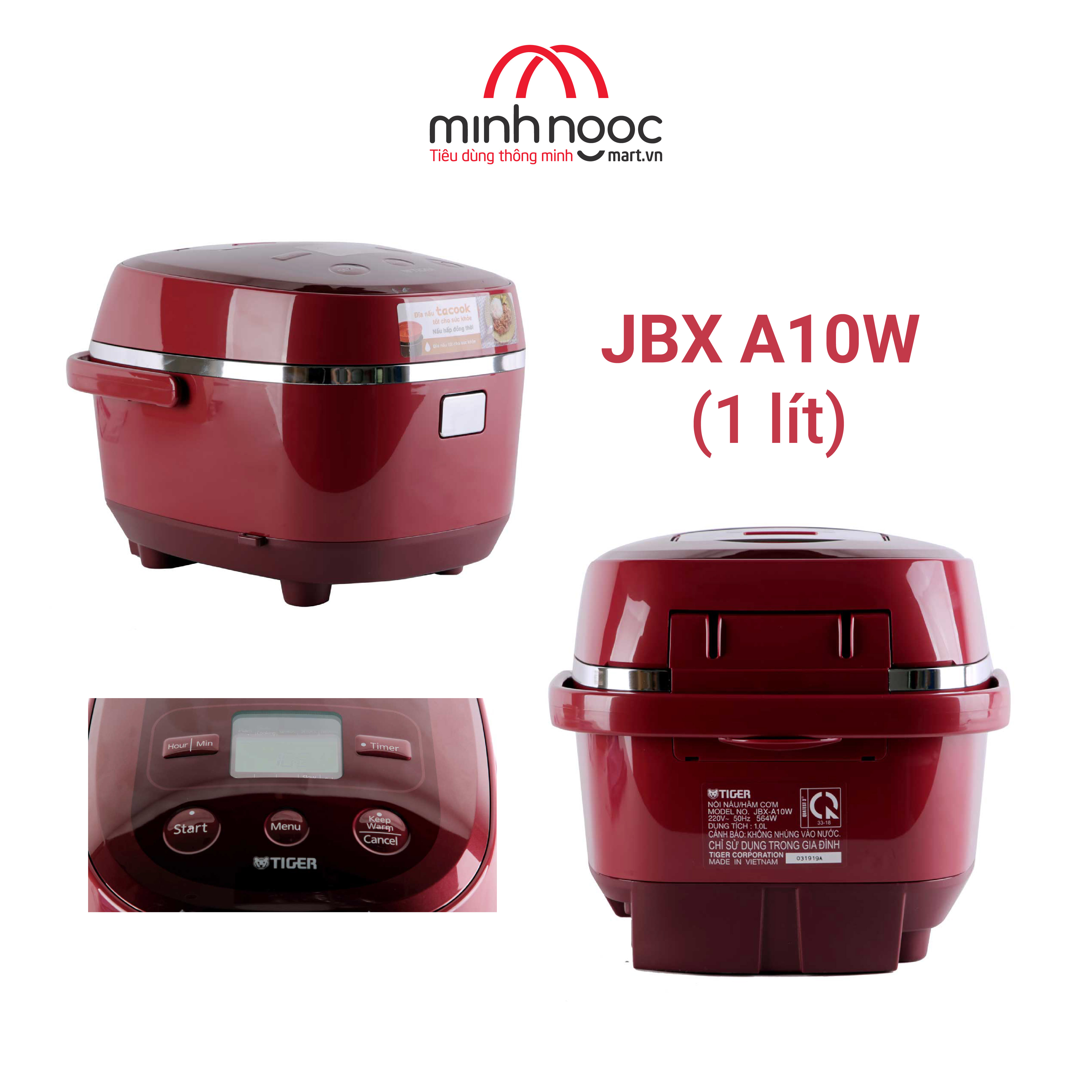 HÀNG CHÍNH HÃNG: Nồi cơm điện Tiger dung tích 1.0l JBX-A10W màu đỏ
