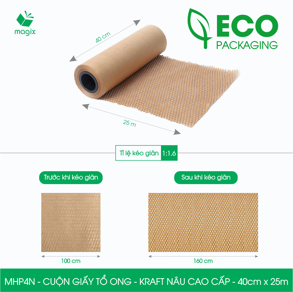 MHP4N - 40cm x 25m - Cuộn giấy tổ ong chống sốc - Kraft nâu Cao Cấp - Giấy gói hàng, gói quà