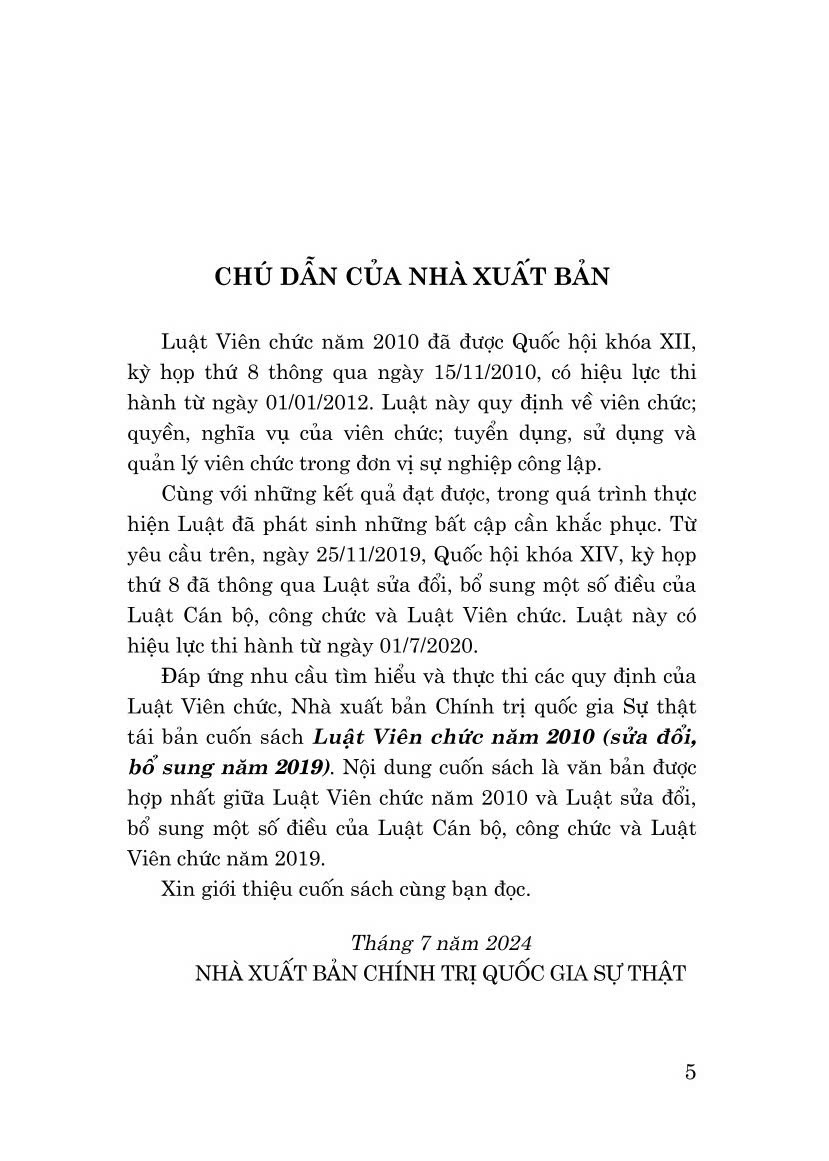 Luật viên chức năm 2010 (sửa đổi, bổ sung năm 2019) bản in 2024
