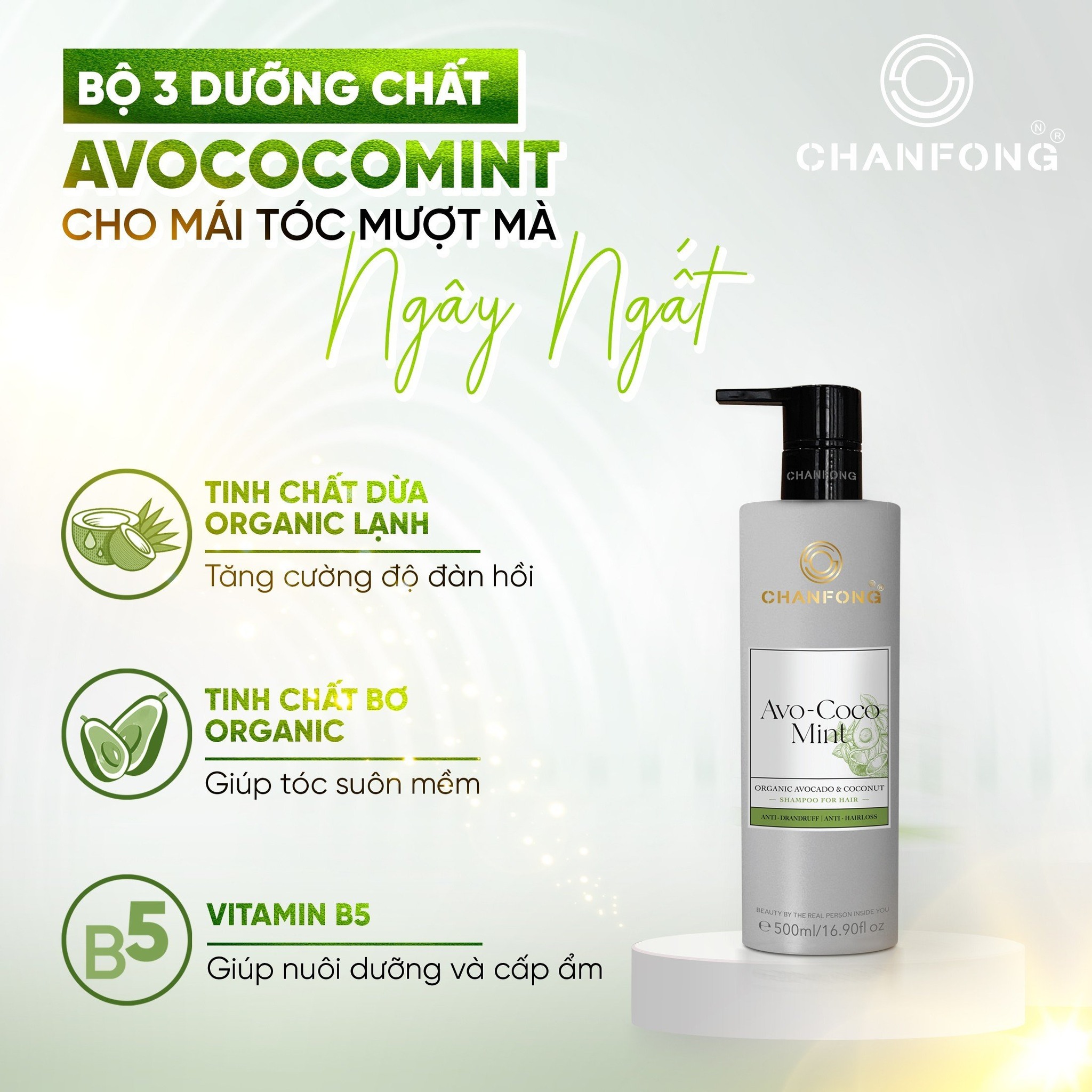 Dầu gội ORGANIC Tinh chất Bơ - Dừa - Bạc hà Chanfong Thái Lan - 500ml