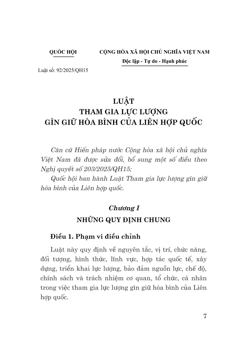 Luật tham gia lực lượng gìn giữ hòa bình của liên hợp quốc năm 2025