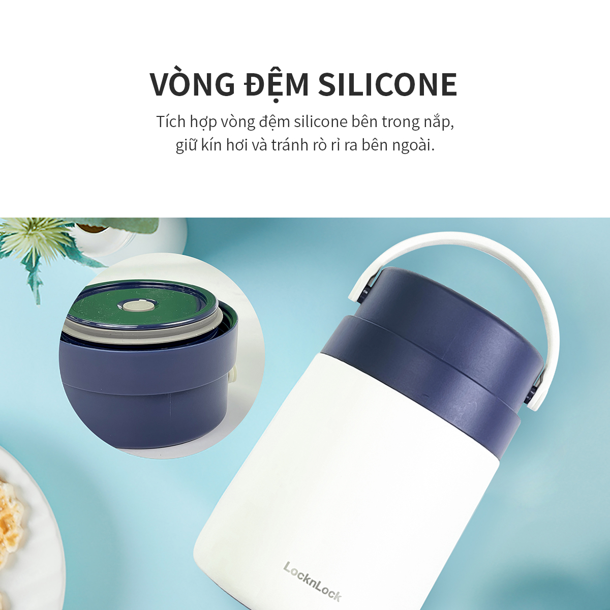 Hộp cơm giữ nhiệt Lock&Lock màu xanh navy LHC8042NVY 700ml - Hàng chính hãng, 2 ngăn kèm muỗng inox, có thể ủ cháo cho bé - JoyMall