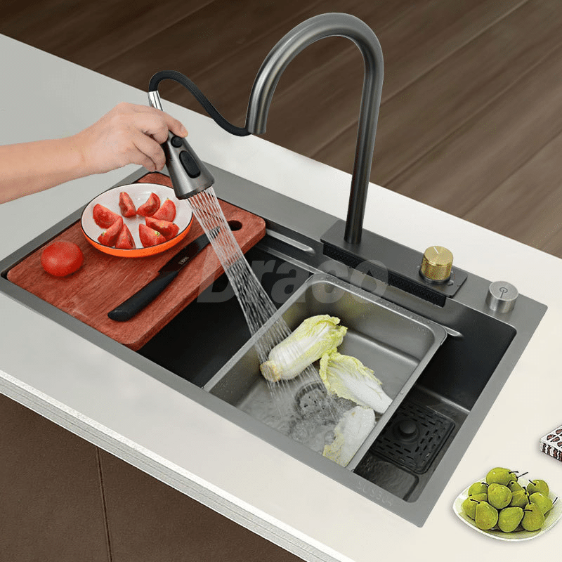 Bồn Rửa Chén 1 Hố Kèm Vòi Rút Draco S1176NXV Inox 304 Phủ Nano Cao Cấp Màu Xám