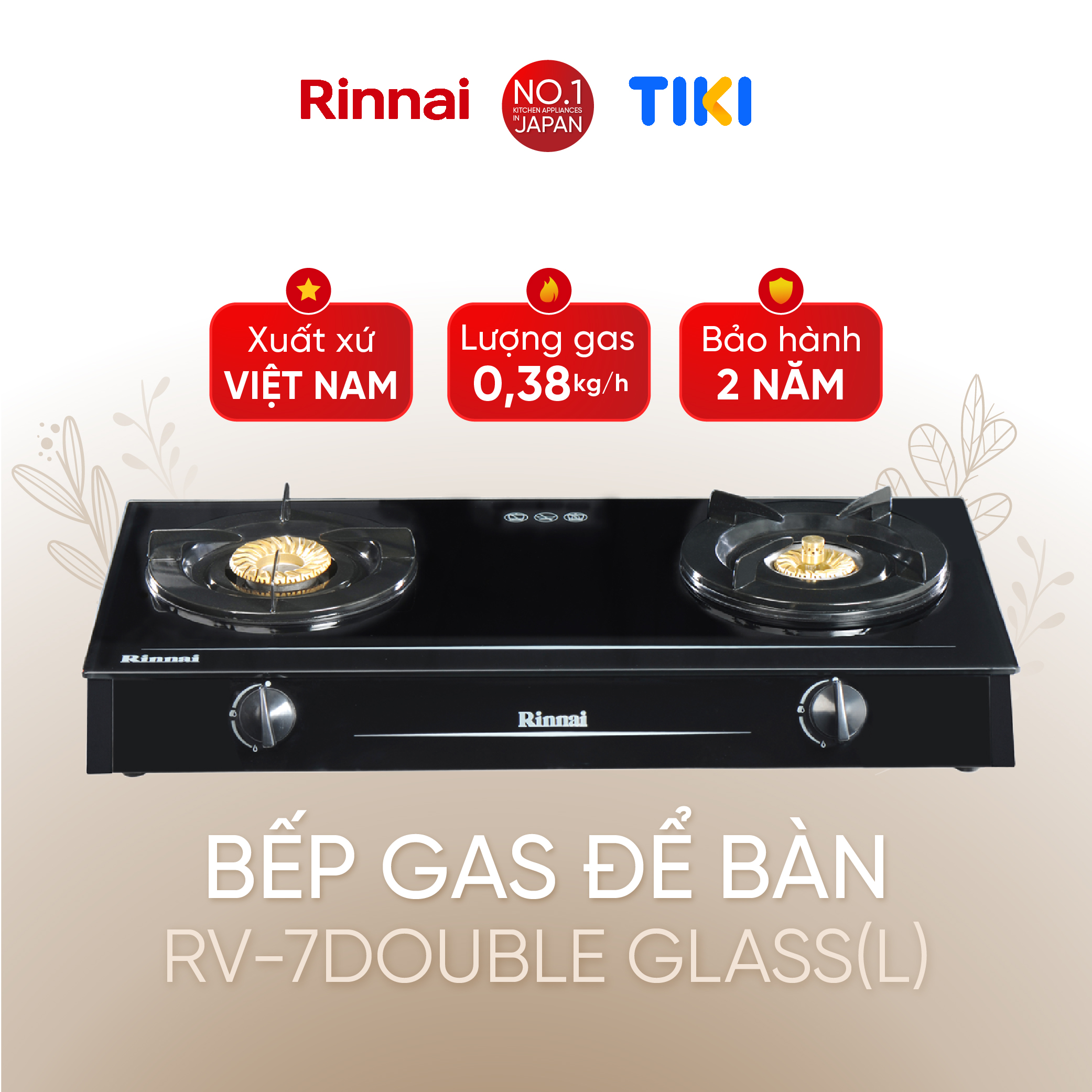Bếp gas dương Rinnai RV-7Double Glass(L) mặt bếp kính và kiềng bếp men - Hàng chính hãng.