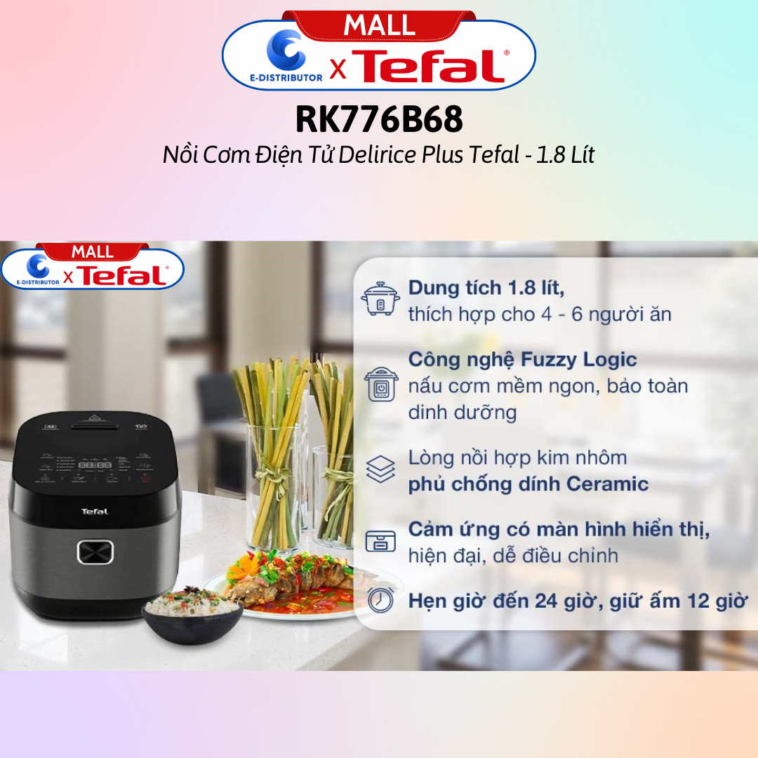 Nồi cơm điện tử Tefal 1.8 lít Delirice Plus RK776968- Hàng Chính Hãng - Dung tích: 1.8 lít, Số người ăn 4 - 6 người Công suất: 750W