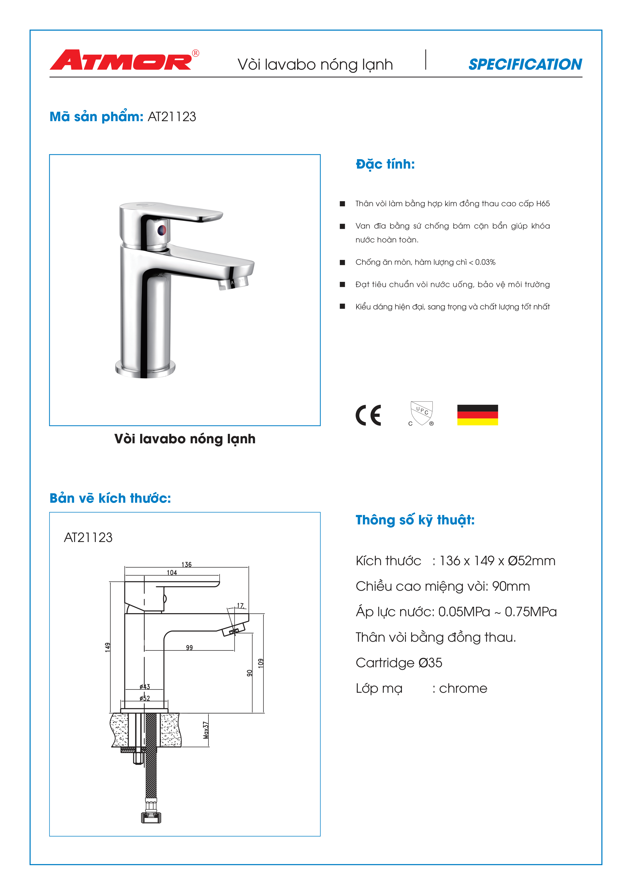 Bộ vòi lavabo nóng lạnh ATMOR AT21123 (HÀNG CHÍNH HÃNG)