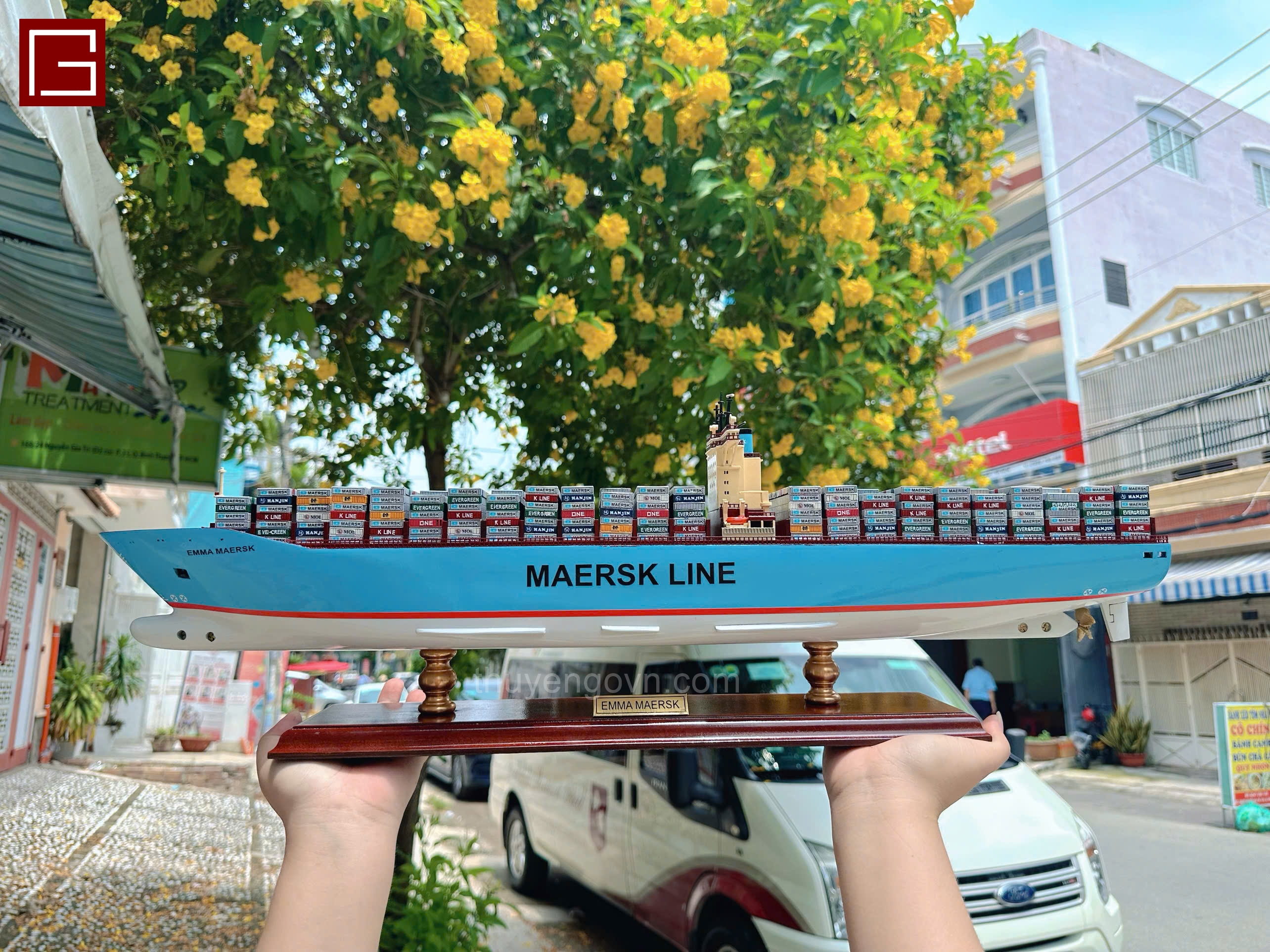 Mô Hình Thuyền Gỗ Trang Trí, tàu container, Thuyền Thương Mại EMMA MAERSK, thuyền chở hàng, hàng chính hãng