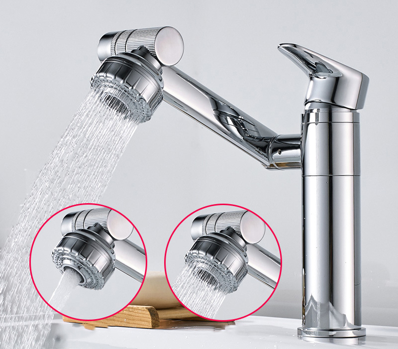Vòi rửa mặt Lavabo cổ xoay 720 độ đa chiều, củ đồng, thân ngắn, mạ Crom, điều chỉnh nhiều chế độ tia nước Minh House