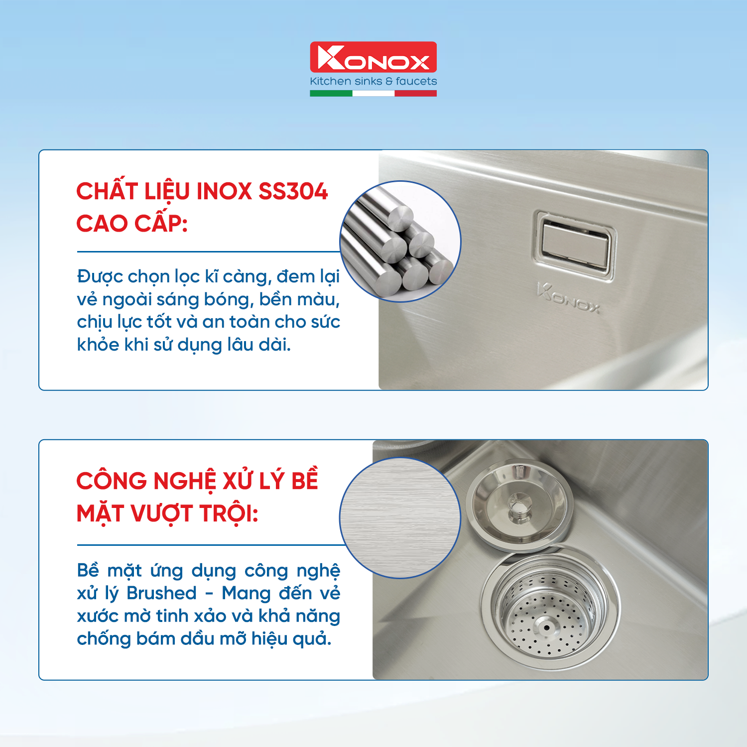 Chậu rửa bát inox Konox, Topmount Series, Model KN8050TS, inox 304 AISI tiêu chuẩn châu Âu, Hạ bậc tích hợp, 800x500x228(mm), Hàng chính hãng